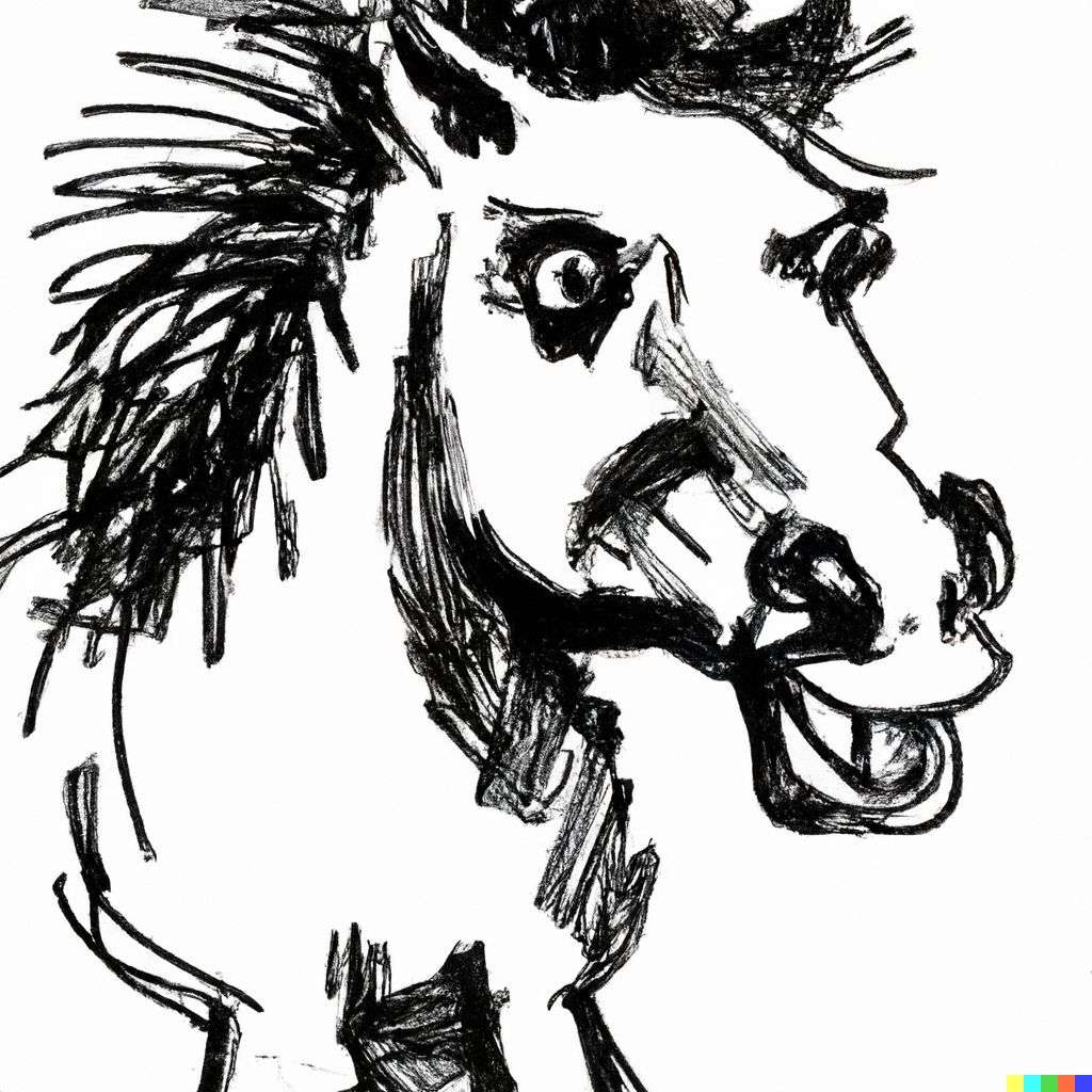 a horse, pen and ink caricature